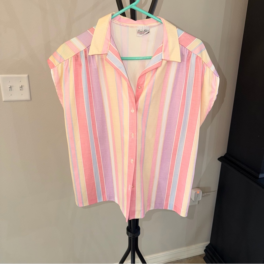 Vintage Pastel Striped Button Up Blouse Pink Yellow Short Sleeve L